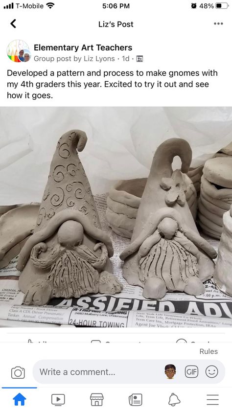 Clay Pottery Knomes, Beginners Clay Projects, Pottery Gnomes Ceramics, Clay Gnomes Diy How To Make, Pottery Gnomes, Christmas Pottery, Clay Lesson, Ceramic Sculpture Figurative, Clay Moulding