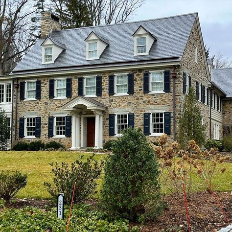 🔲 House Tours 🔲 on Instagram: "I always love a stone colonial revival . We are so spoiled here around Philadelphia, because we get to see a lot of them . The style never gets old though! There’s a second photo . Enjoy ! 🤍🤎🤍#philadelphiasuburbs #mainline #mainlinetoday #wayne #colonialrevival #stonehouse #stonehouses" Stone House With Black Shutters, Colonial Stone House, Stone House Revival, Colonial Shutters, Georgian Colonial, Shutter Colors, Stone Exterior Houses, Black Shutters, Stone Exterior