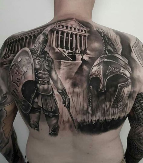 Spartan Tattoo Back Piece, Roman Back Tattoo Men, Roman Army Tattoo, Spartan Warrior Chest Tattoo, Gladiator Back Tattoo, Roman Back Tattoo, Gladiator Chest Tattoo, Spartan Back Tattoo, Roman Tattoo Sleeve