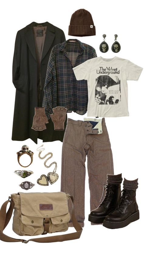 Cottage Core Clothes Men, Men Outfit Board, Indie Hipster Outfits, Punk Style Outfits Grunge, Crowcore Outfit Masc, Retro Male Outfits, Indie Masc Outfits, Goblin Core Outfit Masc, Nerdy Outfits Aesthetic