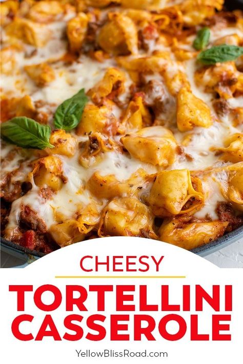 Baked Tortellini is an easy weeknight meal with fresh tortellini, meat sauce and cheese. Great for family dinner or doubled to feed a crowd. Cheesy Baked Tortellini, Baked Tortellini Casserole, Tortellini Casserole, Baked Pork Ribs, Baked Tortellini, Homemade Meat Sauce, Tortellini Bake, Tortellini Recipes, Ground Beef Recipes Healthy