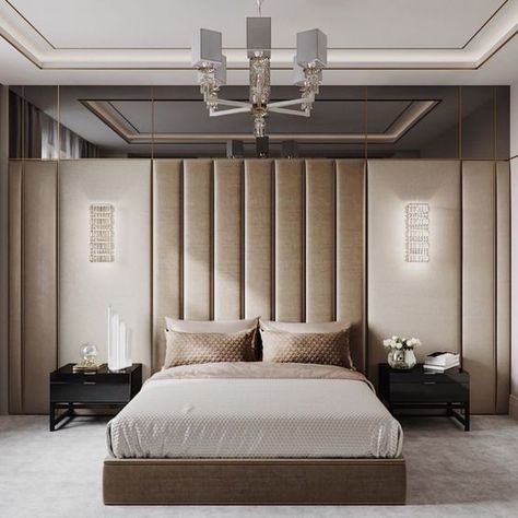 mirrors high up on a wall help visually expand the space and reflect light. Classic Bedroom Furniture, Bed Back Design, Armani Casa, Upholstered Walls, Classic Bedroom, Bedroom Bed Design, Headboard Designs, Bedroom Headboard, Modern Bedroom Design