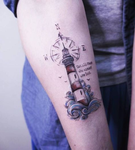 Graphic Design Tattoos, Lighthouse Tattoo, Compass Tattoo Design, Foot Tattoos For Women, Geniale Tattoos, Tattoos Skull, Waves Tattoo, Feather Tattoos, Rib Tattoo