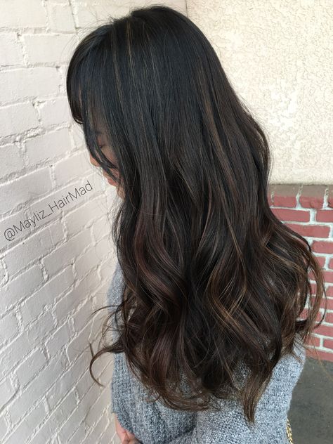 Dark rick chocolate mocha and caramel melted baby lights Balayage, that sound delicious 🤷‍♀️ wait we are talking about her hair color 💁‍♀️ @junery.v you are rocking that hair girl. @olaplex @affinageaustralia @matrix #mlzhairandmakeup #chocolatehair #balayagehighlights #caramelbalayage Dark Mocha Balayage, Dark Brunette With Dark Highlights, Dark Hair With Baby Highlights, Brown Baby Lights On Black Hair, Mocha Brown Balayage On Black Hair, Baby Lights Dark Hair, Baby Lights Black Hair, Babylights Black Hair, Caramel Brown Highlights On Black Hair