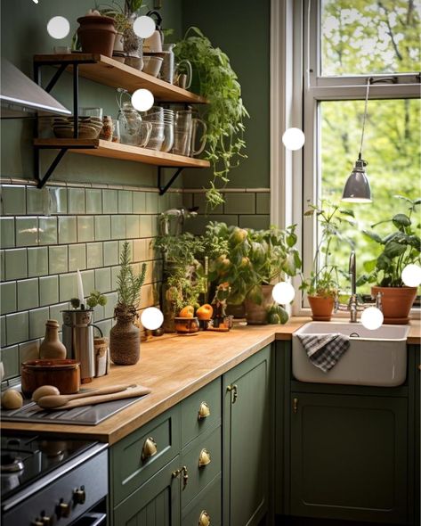 Kitchen Decor Frames, Earth Tones Kitchen, Green Kitchen Designs, Dark Green Kitchen, Wood Countertops Kitchen, Kitchen Improvements, Wood Floor Kitchen, Green Kitchen Cabinets, Small Kitchen Decor