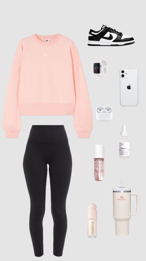 #pink #outfit Outfits With Pink Leggings For School, Pink Sporty Leggings For Summer, Pink Fold Over Leggings, Sporty Pink Go-dry Leggings, Lazy Outfit Ideas, Sporty Compressive Pink Leggings, Shuffles Outfits, Outfit Shuffles, Preppy Outfits For School