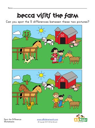 Spot the Difference on the Farm Worksheet | All Kids Network Farm Worksheet, Spot The Difference Kids, Spot The Difference Printable, Printable Road Trip Games, Find The Difference Pictures, Sequencing Activities Kindergarten, Find The Differences Games, Toddler Printables, Nursery Worksheets