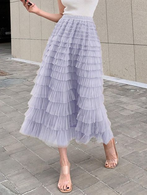 DAZY Solid Layer Ruffle Hem Mesh Skirt | SHEIN USA Tulle Skirts Outfit, Polished Casual, Ruffle Hem Skirt, Overlay Skirt, Rock Outfit, Women Skirts, Couture Runway, Mesh Skirt, Hem Skirt