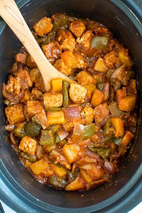 Make sweet and sour tempeh in your slow cooker that tastes exactly like Chinese takeout. It's vegan, loaded with veggies and super easy to whip up! #vegan #sweetandsour #tempeh #crockpot #slowcooker #healthy #eatingbirdfood Slow Cooker Tempeh, Vegan Sweet And Sour, Slow Cooker Vegan, Sweet And Sour Recipes, Baked Tempeh, Vegan Slow Cooker Recipes, Vegan Crockpot, Vegan Slow Cooker, Tempeh Recipes