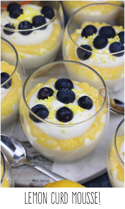 Lemon Curd Mousse! Simple 2-Ingredient Lemon Curd Mousse with any Decorations you fancy – Whipped Cream, Blueberries, and more! Lemon Curd Mousse, Pudding Cup Desserts, Janes Patisserie, Lemon Curd Recipe, Indulgent Food, Lemon Cake Recipe, Blueberry Desserts, Cold Desserts, Baking Blog