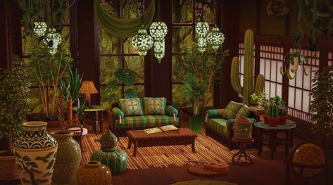 Tropikitch on Twitter: "Azalea's sunroom surrounded by greenery #ACNH #ACNHDesign #acnhinspo #AnimalCrossing… " Victorian Jungle Room, Acnh Interior, Forest Room, Jungle House, Ac New Leaf, Jungle Room, Animal Crossing Wild World, Indoor Design, New Animal Crossing