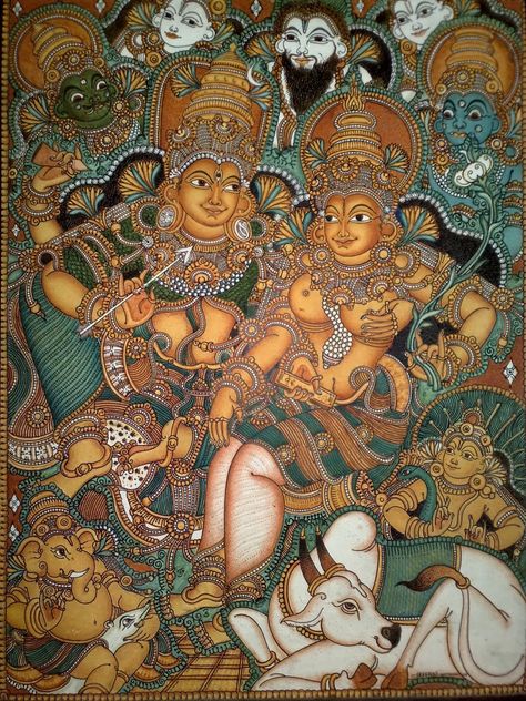 Kerala Mural Painting Shiva Parvati, Mural Outline, Kerla Murals, Apps For Drawing, Painting Shiva, Phad Painting, Mural Paintings, Lord Mahadev, Kerala Mural Painting