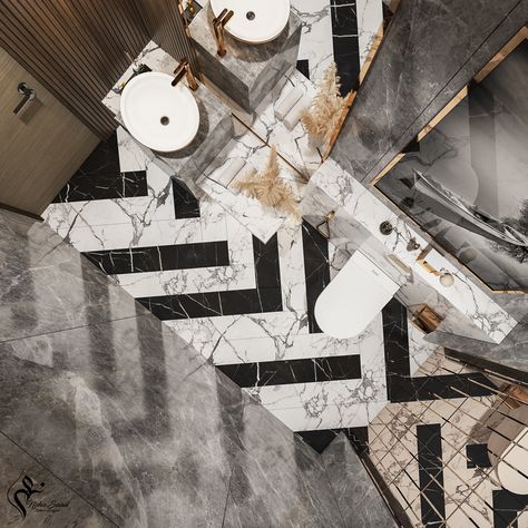 Tiling Patterns Bathroom, Luxury Bathroom Flooring, Toilet Flooring Ideas, Toilet Tile Pattern, Washroom Flooring, Luxury Toilet Design, Washroom Tiles, Toilet Design Modern, Floor Pattern Design