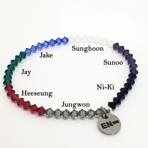 #ENHYPEN mic color fanchant bracelet with Swarovski Crystals and custom logo charm. #ENGENE #Jungwon #Heeseung #Jay #Jake #Sunghoon #Sunoo #Niki Heeseung Bracelet, Enhypen Beads Bracelet, Enhypen Mic, Enhypen Bracelet, Sunoo Niki, Sunghoon Sunoo, Bead Charms Diy, Handmade Jewelry Tutorials, Birthday Board