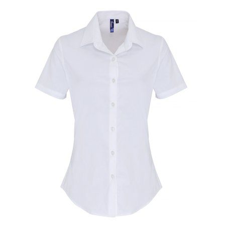 Womens blouse made from cotton combined with elastane makes for a super soft, stretchy and comfortable fitted style for ladies A soft cut-away collar with top button which can be worn formally with a scarf or open collared for a more relaxed look Materials: 97% cotton, 3% elastane. Size: L.  Color: White.  Gender: female.  Age Group: adult. Competition Swimwear, Cutaway Collar, Short Sleeve Shirt Women, Cotton Poplin Shirt, Ladies Short, Stretch Shorts, Pullover Shirt, Formal Shirts, Poplin Shirt