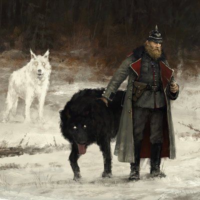 ArtStation - Jakub Rozalski Dire Wolf, 판타지 아트, Dieselpunk, Character Concept, Main Characters, Dark Art, Dark Fantasy, A Dog, A Man