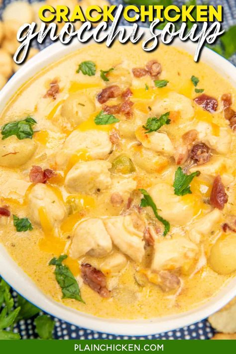 Crack Chicken Gnocchi Soup Recipe - This creamy, cheesy, and totally comforting soup is loaded with tender chicken, smoky bacon, and fluffy gnocchi, all brought together with a zesty ranch flavor. Perfect for cozy nights and easy weeknight dinners, this soup is sure to become a family favorite. Bacon Gnocchi Soup, Chicken Bacon Gnocchi, Cheddar Cheese Chicken, Bacon Gnocchi, Chicken Gnocchi Soup Recipe, Gnocchi Recipes Soup, Slow Cooker Casserole, Winter Soup Recipe, Chicken Gnocchi