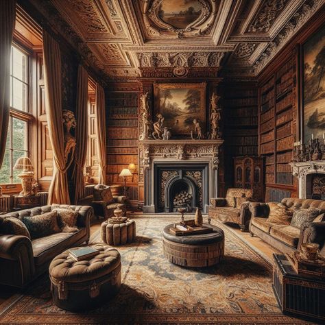 https://flic.kr/p/2pLu9rG | Laurelwood Stateroom, Second Floor, Greystoke Manor | This image is part of the Greystoke Manor series, a breathtaking tour of a Copilot assisted creation of a Scottish historic stately house, complete with plush carpeting, tapestries, wainscotting, carved stone fireplaces, bookshelves of antiquarian tomes, and antique plush furniture all lit with ambient daylight streaming in through wood paneled windows. Paneled Windows, Manor Bedroom, Manor House Interior, Carved Stone Fireplace, English Country Manor, Plush Furniture, Stone Fireplaces, Country Manor, Home Libraries