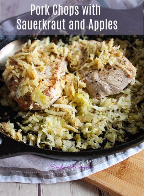 #simpleandsavory Pork Chops with sauerkraut and apples Pork Chops Sauerkraut, Pork Chops With Sauerkraut, Sauerkraut And Apples, Pork Chops And Sauerkraut, Homemade Sauerkraut, Easy Family Dinner, Sweet Pork, Leftover Pork, Sauerkraut Recipes