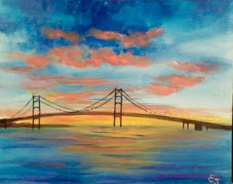 Mackinaw Bridge Painting, Mackinaw Bridge, Paint Your Pet, Bridge Painting, Mackinac Bridge, Walkways Paths, Painting Stuff, Wine And Canvas, Lansing Michigan