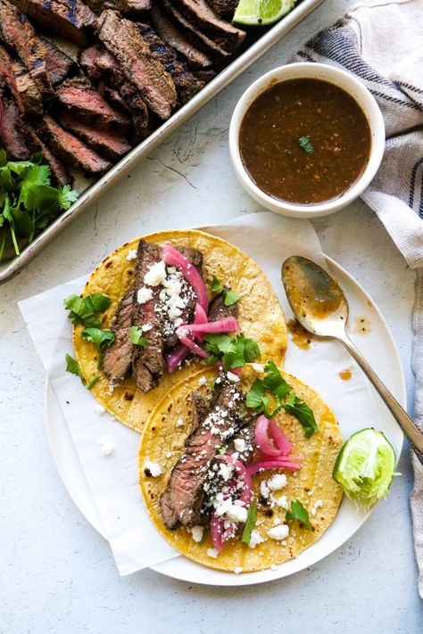 Sirloin Tip Steak Tacos, Sirloin Steak Tacos, Steak Tacos Recipes, Grilled Steak Tacos, Spicy Pickled Onions, Steak Taco Recipe, Steak Taco, Sirloin Tip Steak, Sirloin Steak Recipes