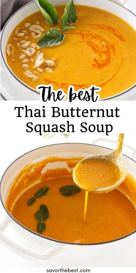 Our recipe for Thai Butternut Squash Soup is thick and creamy, with a bold, vibrant flavor. Roasting the vegetables brings out the sweetness in the soup, while fresh ginger, red curry paste and a chili oil garnish add that spiciness we love about Thai cuisine. Thai Squash Soup, Butternut Squash Ginger Soup, Thai Butternut Squash Soup, Thai Coconut Chicken, Butternut Soup, Ginger Red, Chicken And Butternut Squash, Butternut Squash Recipes Soup, Roasted Butternut Squash Soup