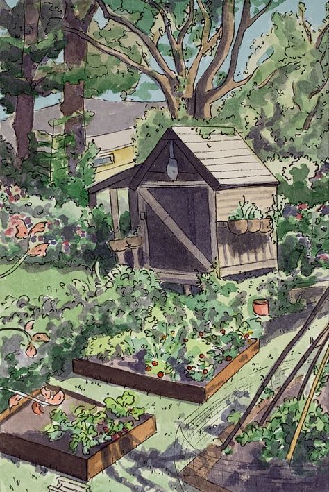 Garden Drawing Reference, Aesthetic Garden Drawing, Garden Aesthetic Art, Garden Drawing Ideas, Garden Gcse Art, Cartoon Garden Aesthetic, Overgrown Garden Drawing, Drawing Of A Garden, Garden Illustration Art