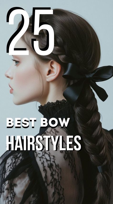 Achieve a sophisticated and romantic look with a Low Bun tied with a Ribbon Bow! This elegant hairstyle is perfect for formal events, adding a soft and graceful touch to your overall look Formal Hairstyles With Bow, Hair Bow Updo, Side Bow Hairstyle, Updos With Bows, Ponytail Hairstyles With Bow, Updo With Bow, Hair With A Bow, Hair Bow Hairstyle, Hairstyles Bow