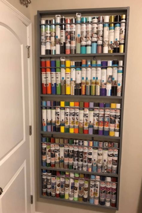 Vynal Storage Ideas, Cricut Supply Storage, Circuit Vinyl Storage, Cricut Vinyl Organization, Cricut Material Storage, Organize Vinyl Rolls, Vinyl Craft Storage, Vinyl Storage Cricut, Htv Vinyl Storage Ideas