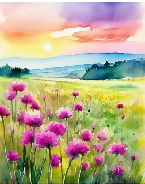 View Watercolor Painting, Playful Painting, Watercolor Art Landscape, Sky Art Painting, Artist Watercolor, Watercolor Paintings For Beginners, Diy Watercolor Painting, Watercolor Paintings Easy, Sunset View