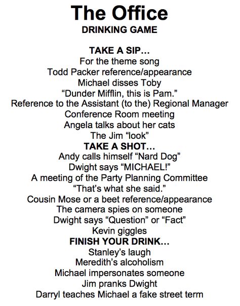 "The Office" Drinking Game The Office Drinking Game, Tv Show Drinking Games, Drinking Games For Adults, Games For Parties, Movie Drinking Games, Office Themed Party, Alcohol Games, Movie Games, Office Birthday Party