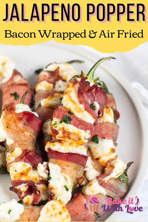 These air fryer bacon wrapped jalapeno poppers are incredibly easy to make, full of savory flavors, and perfect for serving any day! This dish has a wonderful combination of spicy, creamy, and crispy, making it the ultimate appetizer or party snack! Plus, the air fryer method means you can enjoy this delicious dish without any oil or extra calories from traditional frying! BakeItWithLove.com #bakeitwithlove #airfryer #bacon #jalapeno #popper #appetizer Bacon Wrapped Jalapeno Poppers Air Fryer, Air Fryer Jalapeno Bacon Wrapped, Airfryer Bacon, Popper Appetizer, Jalapeno Popper Appetizer, Air Fry Bacon, Wrapped Jalapeno Poppers, Easy Delicious Appetizers, Air Fryer Bacon