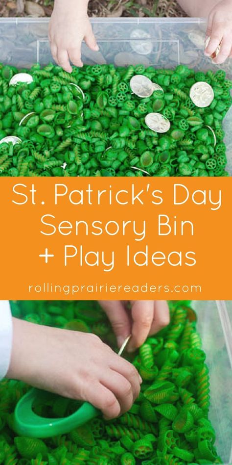 St. Patrick's Day Sensory Bin | learning fun at home, sensory play ideas, invitations to play, activities for kids, gold coins, hands-on learning Sant Patrick, St Patricks Day Quotes, St Patricks Day Crafts For Kids, March Activities, St Patrick Day Activities, Invitation To Play, Saint Patties, St Patrick's Day Crafts, St. Patricks Day