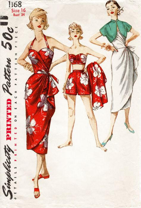 1950s 1960s Simplicity 1168 vintage sarong dress sewing pattern bra shorts & jacket pin up beachwear bust 34 b34 repro Tiki Dress, Patron Vintage, Sarong Dress, Dress History, Tropical Print Dress, Fur Coat Vintage, Vintage Dress Patterns, Fashion 1950s, Motif Vintage