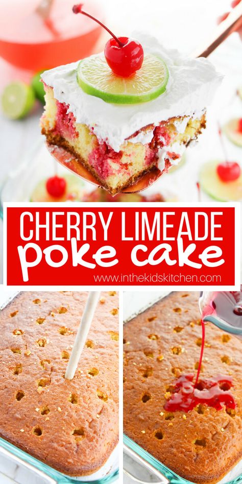 3 image collage showing how to make cherry poke cake with Jello Fruit Poke Cake, Cherry Limeade Cake, Cherry Jello Poke Cake Recipe, Cherry Chip Poke Cake, Poke Cake With Jello, Jell-o Poke Cake Recipes, Easy Poke Cake Recipes, Cherry Poke Cake, Key Lime Poke Cake By 12 Tomatoes