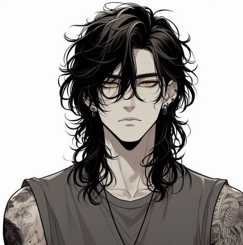 Anime Long Curly Hair Guy, Anime Man Ponytail, Long Hair Male Hairstyles Drawing, Anime Man Hair Reference, Anime Man With Long Black Hair, Serious Character Design, Boy Hair Drawing Sketches, Long Haired Anime Boy, Long Haired Men Drawing