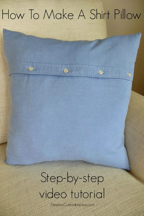 As you know, I like pillows – a lot.  Today, I’m excited to share with you how to make a shirt pillow.  This is a quick and simple sewing project, and can be a very economical way to change the look of your room.  Especially if you use a shirt that you already have around […] Pillow From Shirt, Memory Pillow From Shirt, Memory Shirt, Shirt Pillows, Memory Items, Memory Ideas, Memory Gifts, Make A Shirt, Memory Pillow