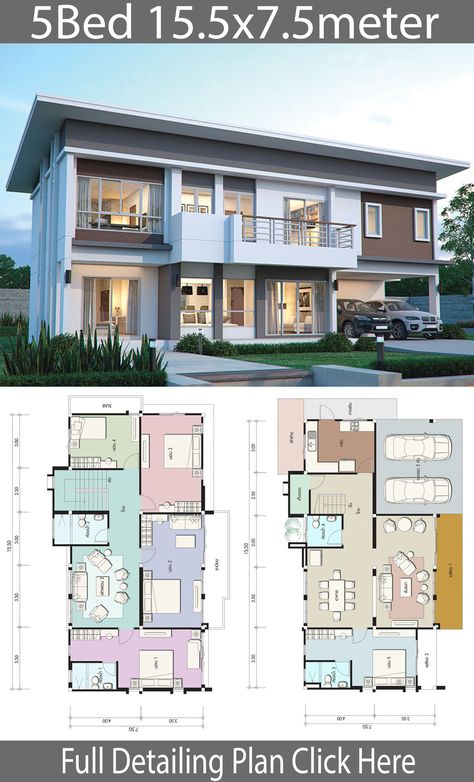 House Design Plan 15.5x10.5m With 5 Bedrooms - Home Design With Plan Double Storey House Plans, Nordstrom Boots, House Design Plans, 5 Bedroom House Plans, Double Storey House, Pelan Rumah, 2 Storey House Design, House Plan Gallery, House Construction Plan