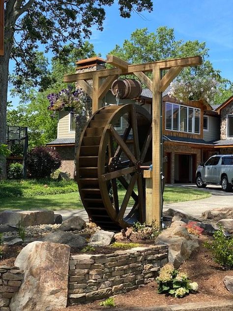 Backyard Water Wheel, Water Wheel Landscaping, Backyard Windmill, Wood Gears, Water Well House, Bridge Ideas, Windmill Water, Water Wheels, Garden Water Fountains