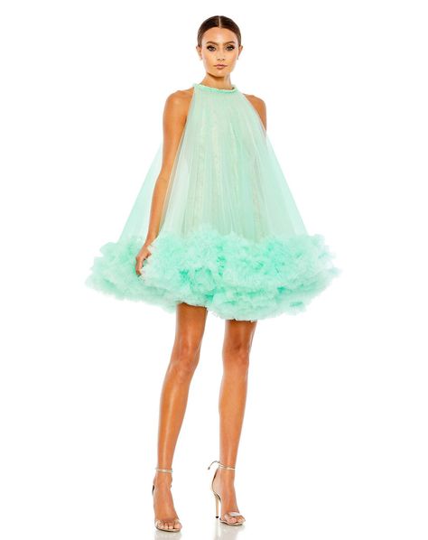 High Neck Gathered Tulle A-Line Swing Dress Sequin Set, Short Cocktail Dress, Mac Duggal, Feminine Dress, Dress Silhouette, Jewel Neck, Marchesa, Mode Vintage, Elie Saab