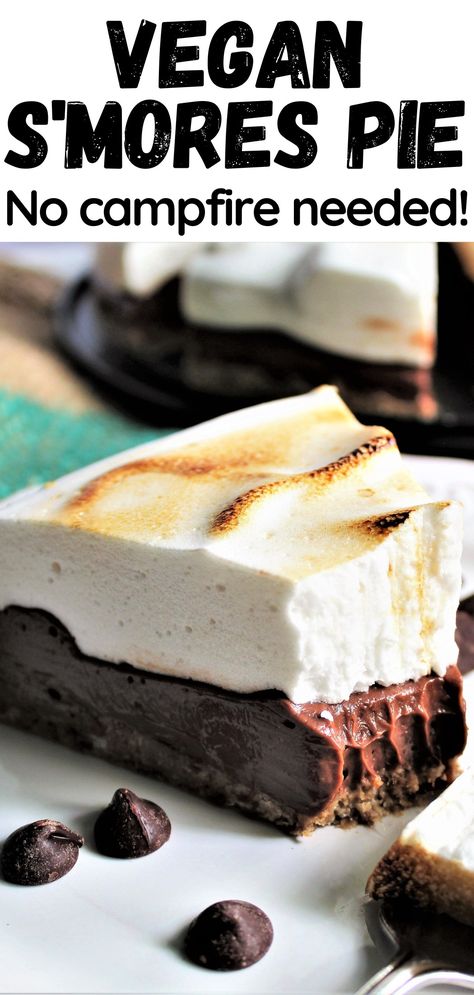 A pin for vegan s'mores pie with a closeup photo of a slice of the pie. Vegan Recipes With Marshmallows, Vegan Smores Dessert, Vegan Marshmallow Desserts, Vegan Summer Desserts, Vegan Marshmallow Fluff, Recipes Using Marshmallows, Vegan Smores, Aquafaba Recipes, Vegan Sweet Potato Casserole