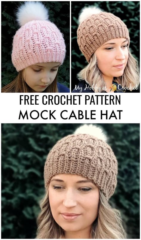 Mock Cable Hat - Free Crochet Pattern Free Crochet Pattern Womens Hat, Crochet Hat Patterns For Women Free, Fold Over Beanie Crochet Pattern, Beanie Tutorial, Crochet Caps, Crochet Beanie Pattern Free, Crochet Adult Hat, Easy Crochet Hat, Crochet Hat For Women