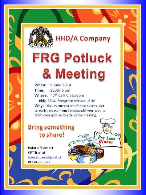 June 5 @ 6pm Alpha Company FRG Potluck, at 47th CSH Classroom. Frg Leader Ideas, Sfrg Ideas, Family Day Activities, Army Family, Army Life, Army Wife, Family Day, Fryer Recipes, Air Fryer