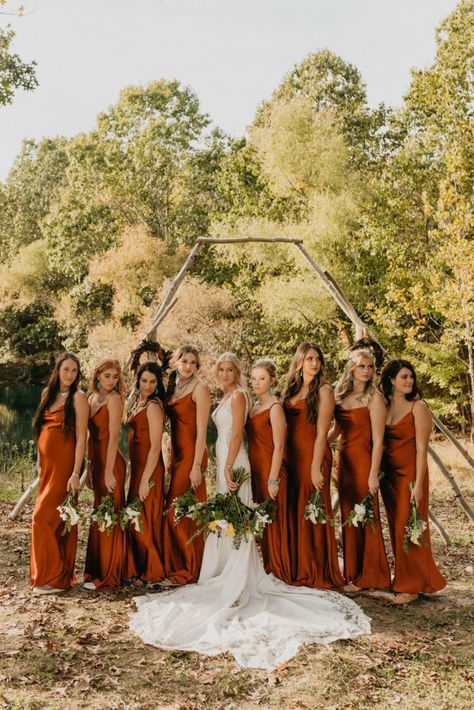 Simple Country Groom Attire, Deep Orange Bridesmaid Dresses, Wedding Color Palette For Guests, Western Bridesmaid Proposal, Western Wedding Bridesmaids, November Wedding Ideas, Western Bridesmaid Dresses, Country Wedding Bridesmaids, Rustic Bridesmaid Dresses