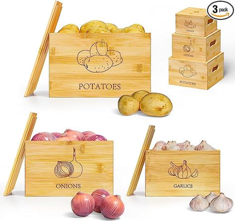 These storage bins labels for potatoes, onions and garlic will help with storaging your produce that can sometimes just leave a mess and turn them into looking like cute farmhouse decor in your home while also helping organize. They are stackable and have optimum storage and ventilation for the quality of your produce. As an Amazon associate I earn from qualifying purchases Potato Storage Bin, Potato And Onion Storage, Vegetable Storage Bin, Potato Box, Onion Storage, Garlic Keeper, Garlic Storage, Potato Storage, Pantry Storage Containers