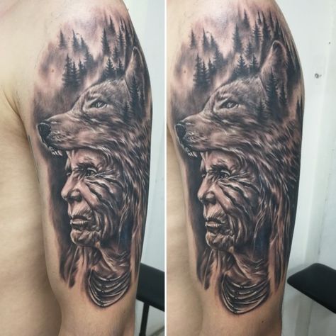 Black&gray upper arm tattoo, with indian chief with wolf coat done by me Indian Chief Wolf Tattoo, Pa Tattoo, Indian Chief Tattoo, Native Indian Tattoos, Upper Arm Tattoo, Indian Tattoos, Indian Wolf, Tattoo Thoughts, Dad Tattoo