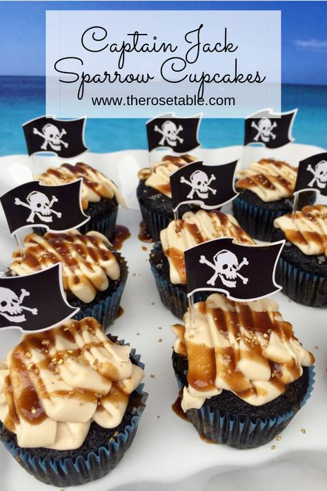 Dark chocolate cupcakes topped with rum-caramel frosting and rum-caramel sauce. This delicious recipe was inspired by Captain Jack Sparrow in Pirates of the Caribbean - they're as mysterious, sexy, and filled with rum as Captain Jack! #rum #rumrecipes #rumdessert #cupcakes #piratesofthecaribbean #pirateparty #piratefood Rum Desserts, Rum Cupcakes, Pirate Food, Pirate Cupcake, Dark Chocolate Cupcakes, Movie Night Food, Disney Dinner, Rum Recipes, Caramel Frosting