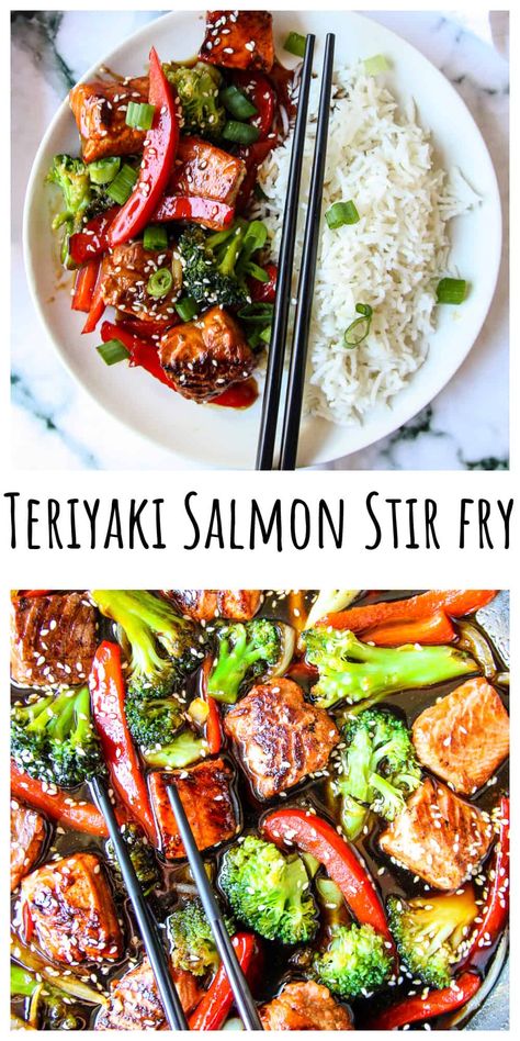 Salmon stir fry is a healthy, delcious weeknight meal. It's packed with fresh vegetables, protein and healthy fatty acids. Best of all, it takes just 30 minutes to get this yummy dinner on the table! Pescatarian Stir Fry, Healthy Dinners Salmon, Healthy Meal Prep Asian, Fish Stir Fry Recipes Healthy, Stir Fry Recipes Salmon, Stir Fry Salmon, Stir Fry Salmon Recipe, Teriyaki Vegetable Stir Fry, Fish Stir Fry Recipes