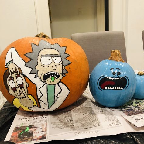 Rick And Morty Pumpkin Painting, Pumpkin Painting Scary, Rick And Morty Pumpkin, Pumkin Carving Ideas, Halloween Pumpkin Crafts, Creative Pumpkin Painting, Contest Ideas, Pumkin Carving, Pip Boy