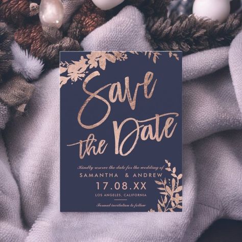 Rose Gold script floral navy blue save the date Announcement Postcard Navy Blue Save The Date, Blue Save The Date, Gold Typography, Be My Bridesmaid Cards, Save The Date Postcards, Save The Date Card, Bridesmaid Cards, Save The Date Invitations, Will You Be My Bridesmaid